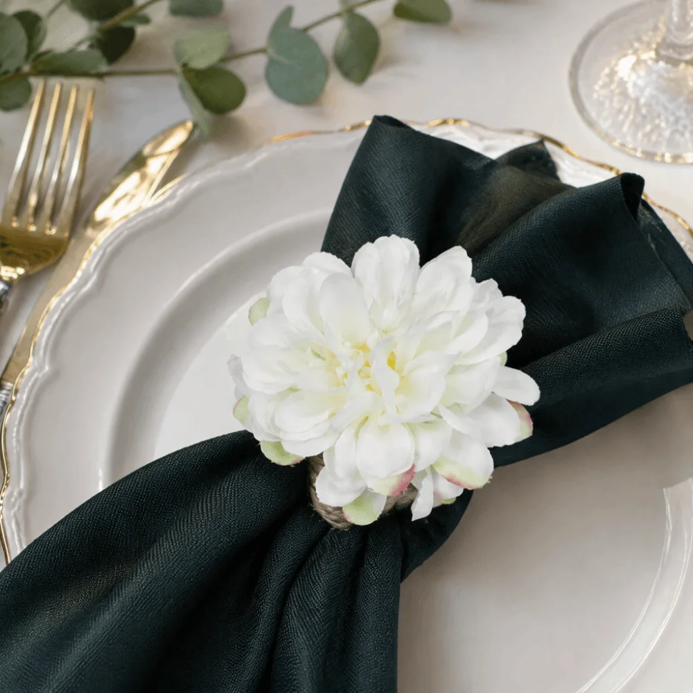 6pcs Silk Cloth Artificial Flower Napkin Rings 3.15×2.95in White Floral Napkin Rings Handmade Loop