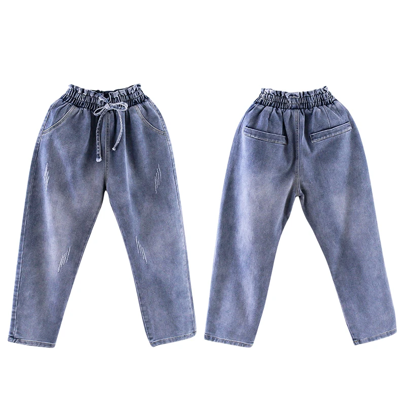 Элегантные детские синие джинсы с высокой талией, обычные брюки для девочек-подростков, повседневные джинсовые брюки на шнурке, возраст 4, 5, 6, 7, 8, 9, 10, 12, 13 лет