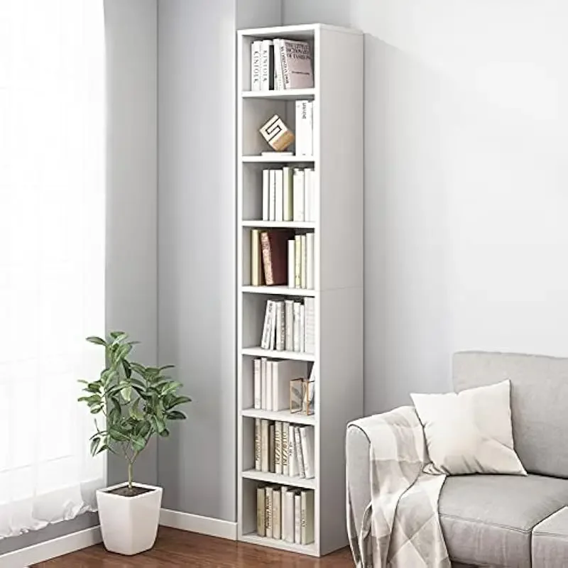 Slim Corner Shelf Unit – 71 Inch Tall Freestanding Storage Solution for Compact Areas, Glossy White Modern Design, 8 Adjustable