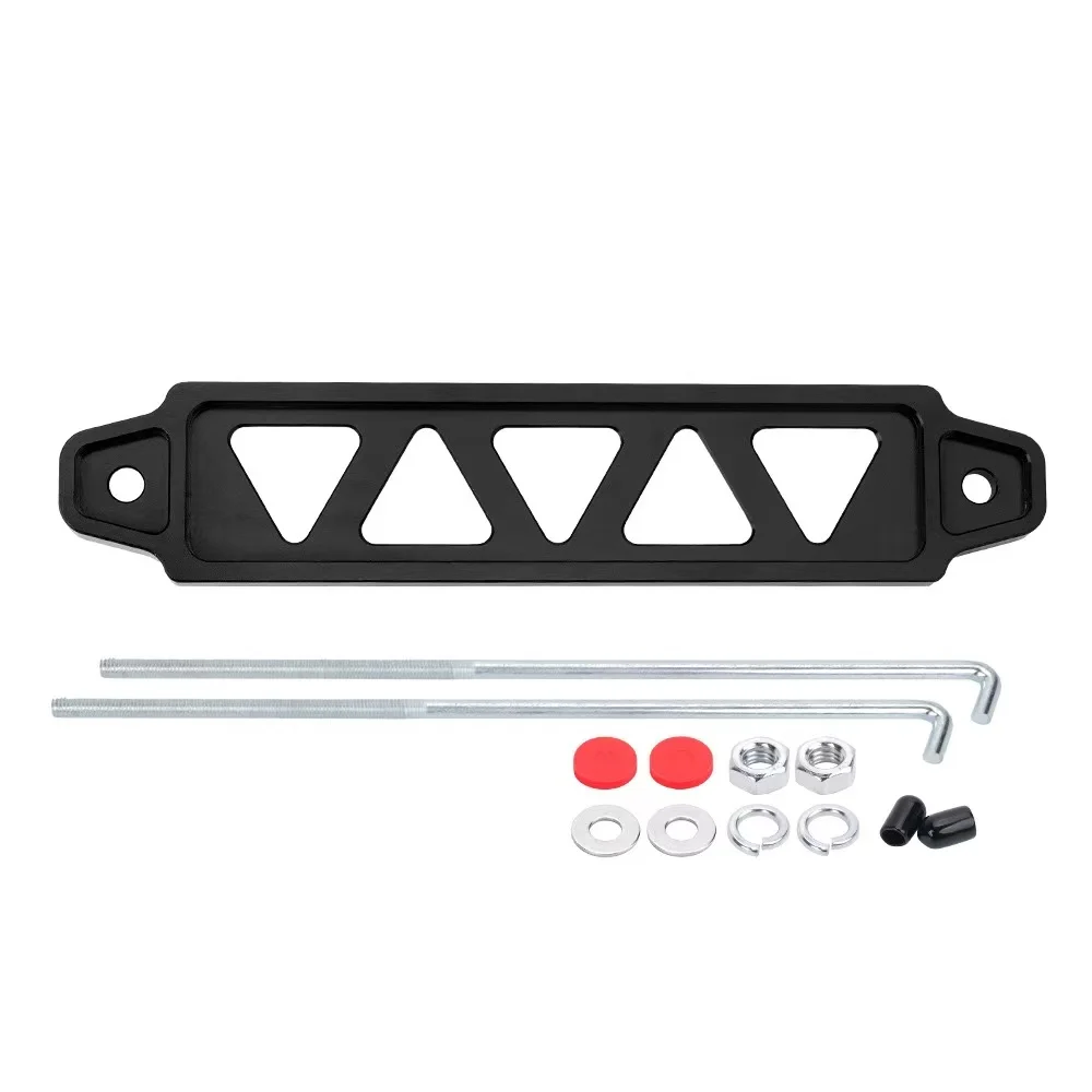 

Billet Aluminum Battery Hold Down Tray Triangle 5 Hole Mounting Bracket with Hook Silicone Pad Universal Racing Relocation Kit