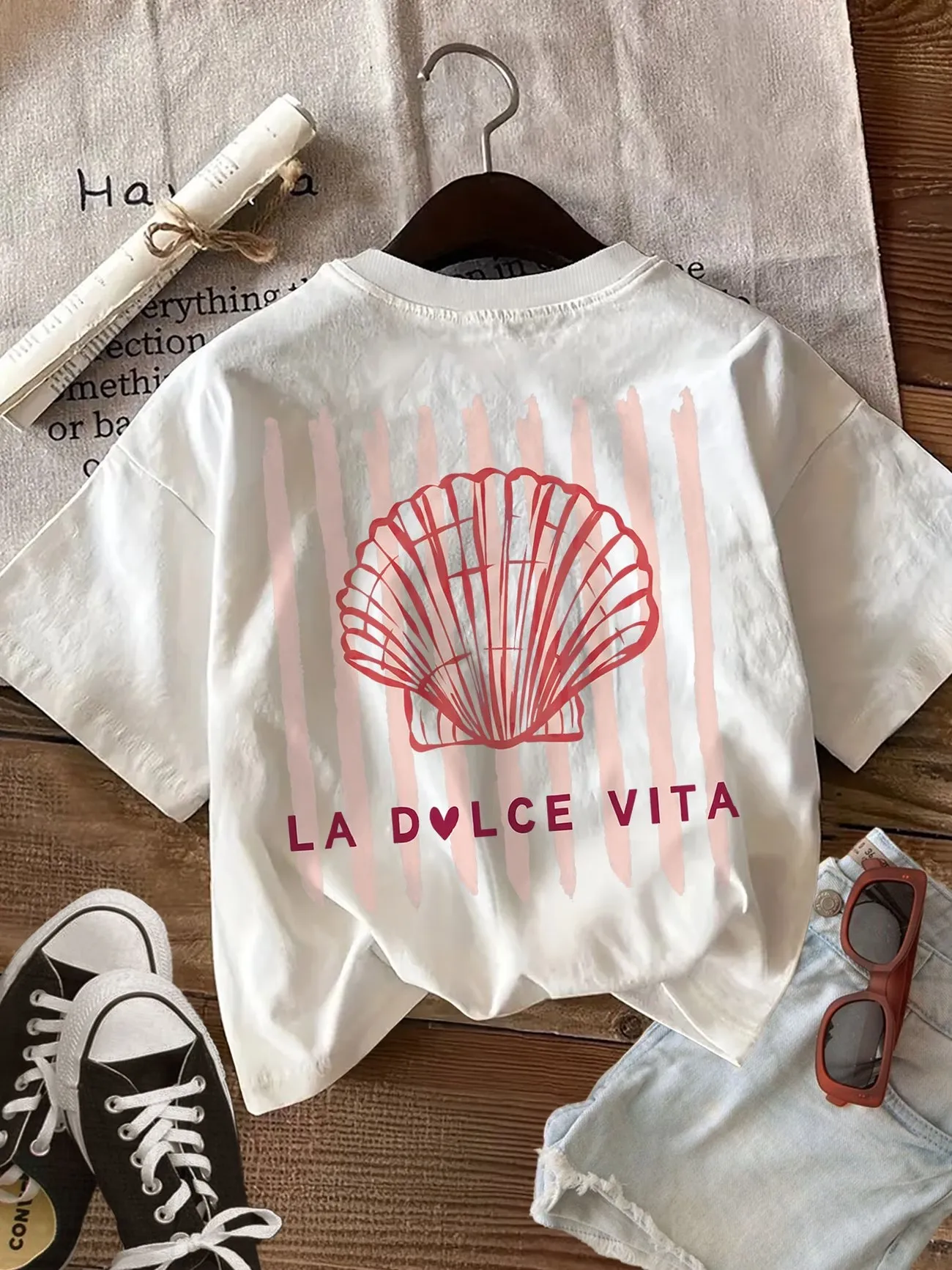 La Dolce Vita Shell  Women's Retro 100% Cotton Print T-Shirt Harajuku Round Neck Short Sleeve Top 90s Vintage Shirt Design