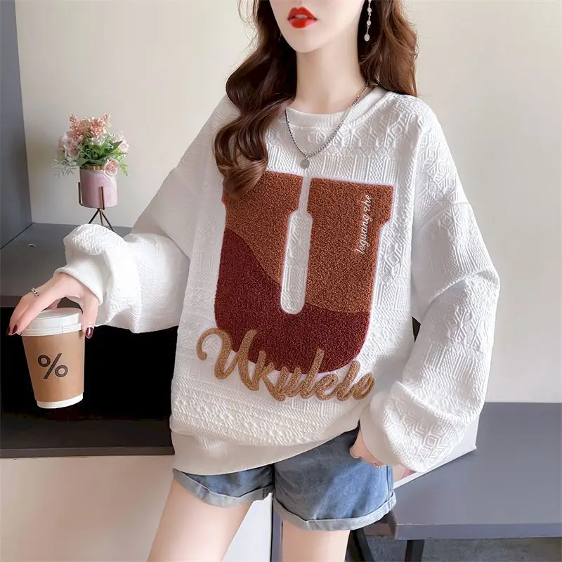 Loose Flocking Pullovers Women Fashion Jacquard Waffle Sweatshirts Spring Autumn Trend Thin Pullover Coat Casual Top Y2k Clothes