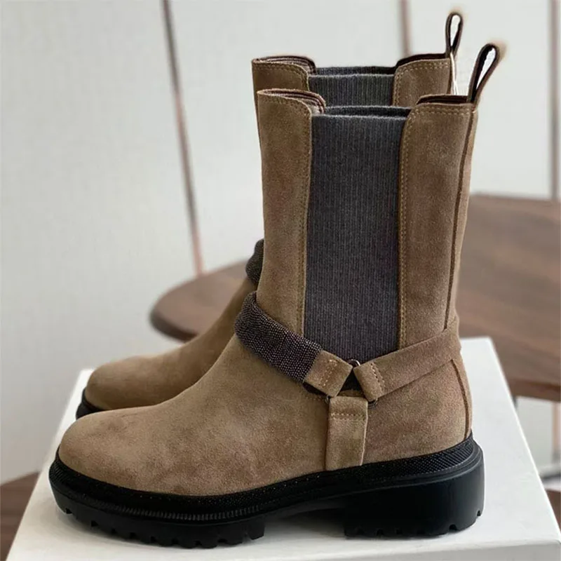 

Качественные повседневные женские сапоги до середины икры из коровьей замши, рыцарские сапоги на толстой подошве с бусинами, женские сапоги на плоской подошве с круглым носком