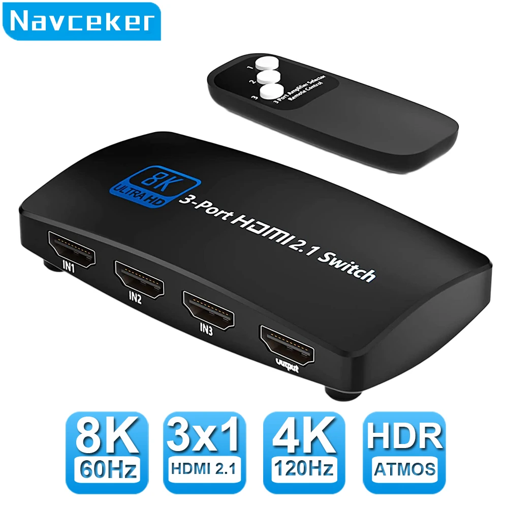 Navceker Switcher HDMI 2.1-compatible 4K 120Hz 4 in 3 in 1 out 8K 60Hz Switch Splitter adapter IR Remote For PS5 PS4 Projector