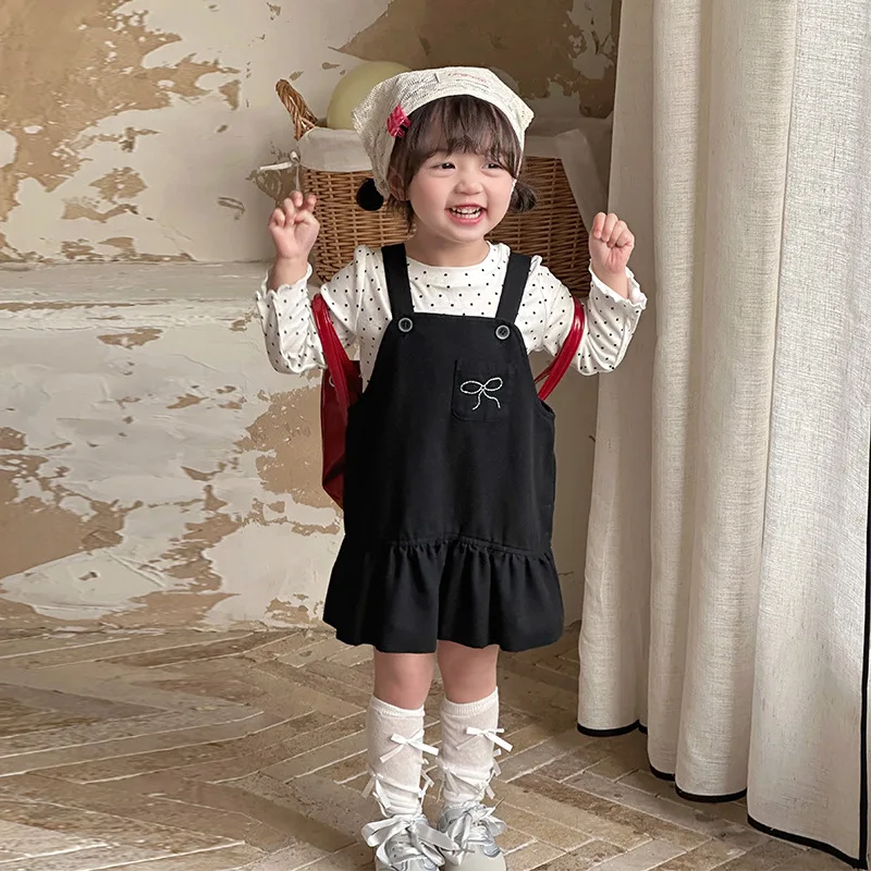 

Girls Spring Strap Set Skirt 2025 Children's Baby Girl Two-piece Set Polka Dot Bottom Shirt Bow Strap Skirt