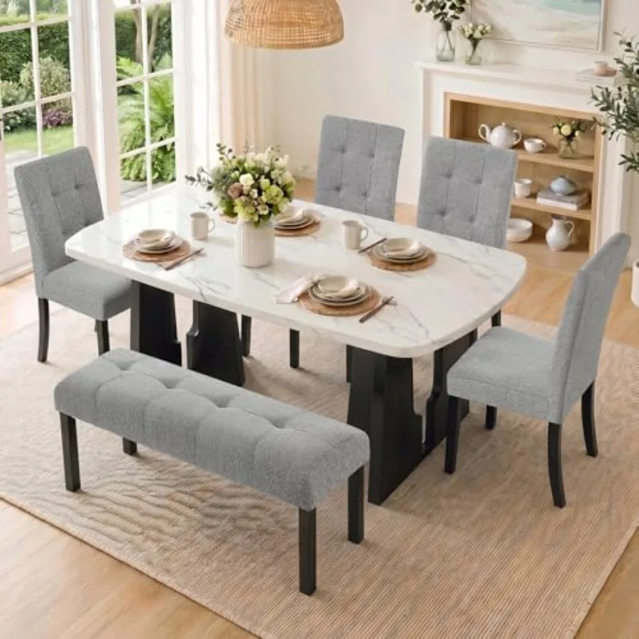 

6 Piece Faux Marble Dining Set with Bench, 63" Oval Kitchen Table with 4 Upholstered Tufted Chairs, Rubber Wood Legs, Modern Di