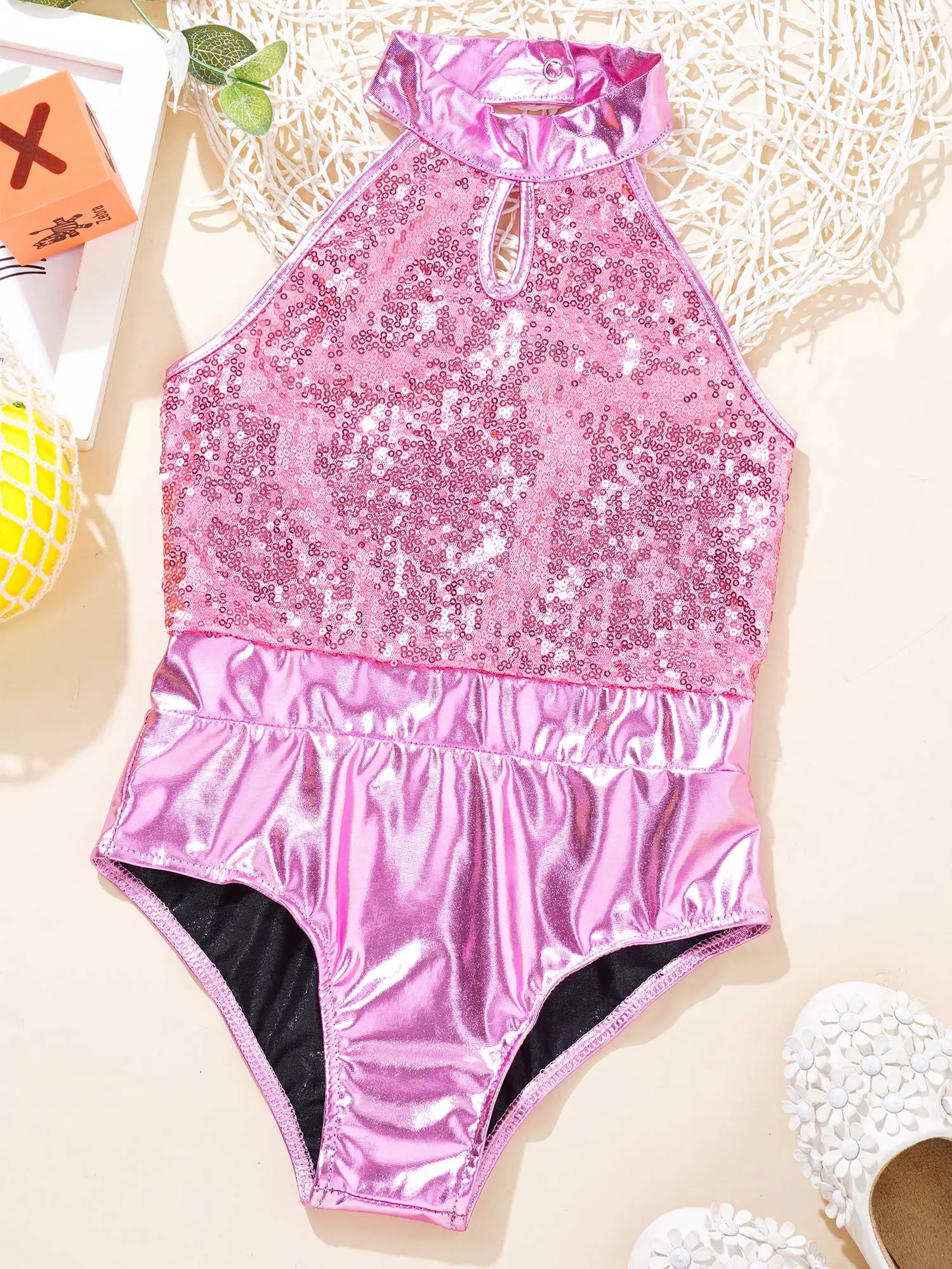 

Kids Girls Gymnastics Leotard Sleeveless Halter Metallic Sequins Dance Bodysuit +Hairband Ballet Figure Skating Costume Jumpsuit