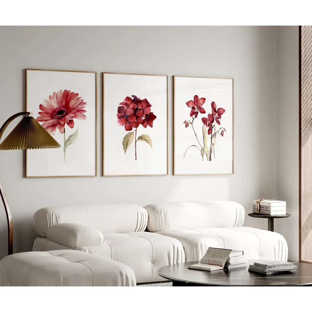 AZNM 3Pcs Burgundy Watercolor Floral Canvas Wall Art, Orchid Hydrangea Gerbera Flower Print Frameless Canvas Painting,