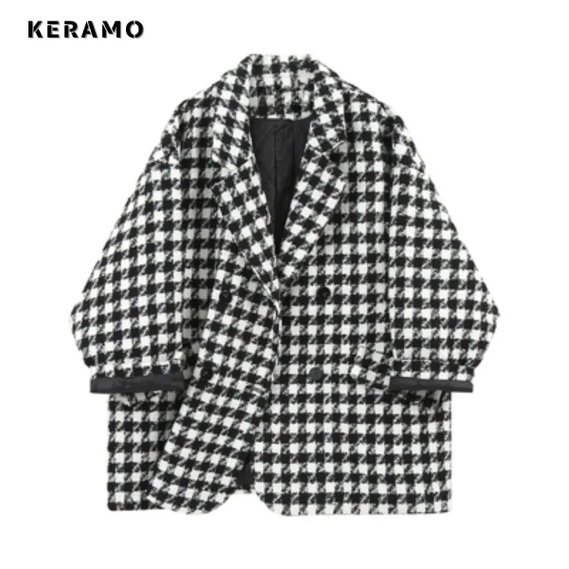 Women Retro Office Lady Plaid Notched Collar Long Sleeve Blazers 2023 Autumn Winter Vintage Casual Loose ELegant Tailored Coat