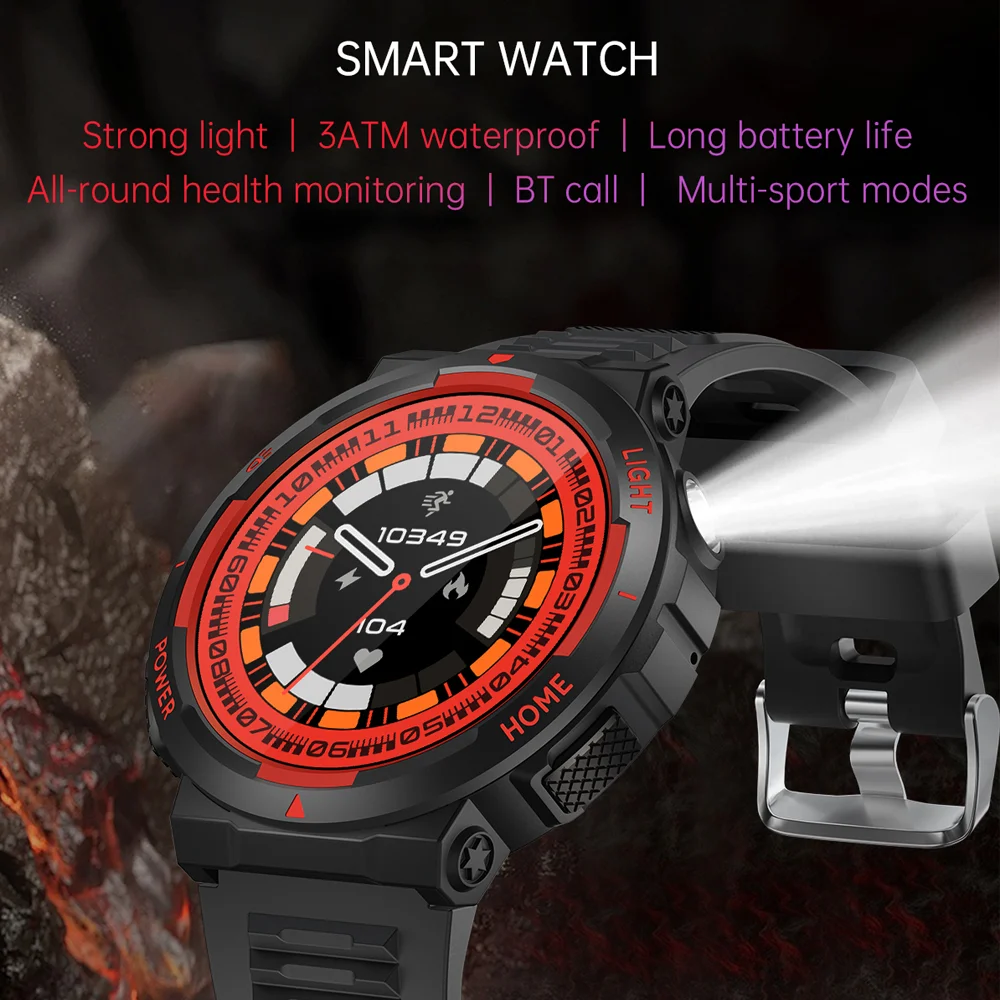 Rugged Military With LED Flashlight Smart Watch Men Heart Rate Bluetooth Call Waterproof Outdoor SmartWatch For HUAWEI Xiaomi