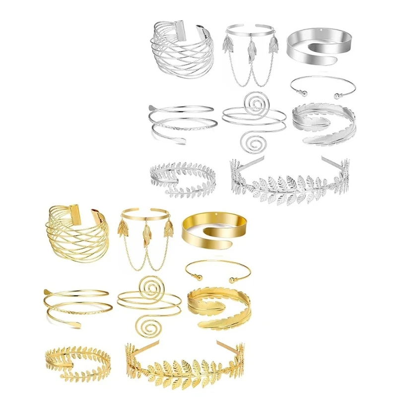 Metal Arm Cuff Bracelet Assortment, 8 Open-Ended Wire and Chain Bangle for Varied Fashion Accessorizing D0UB