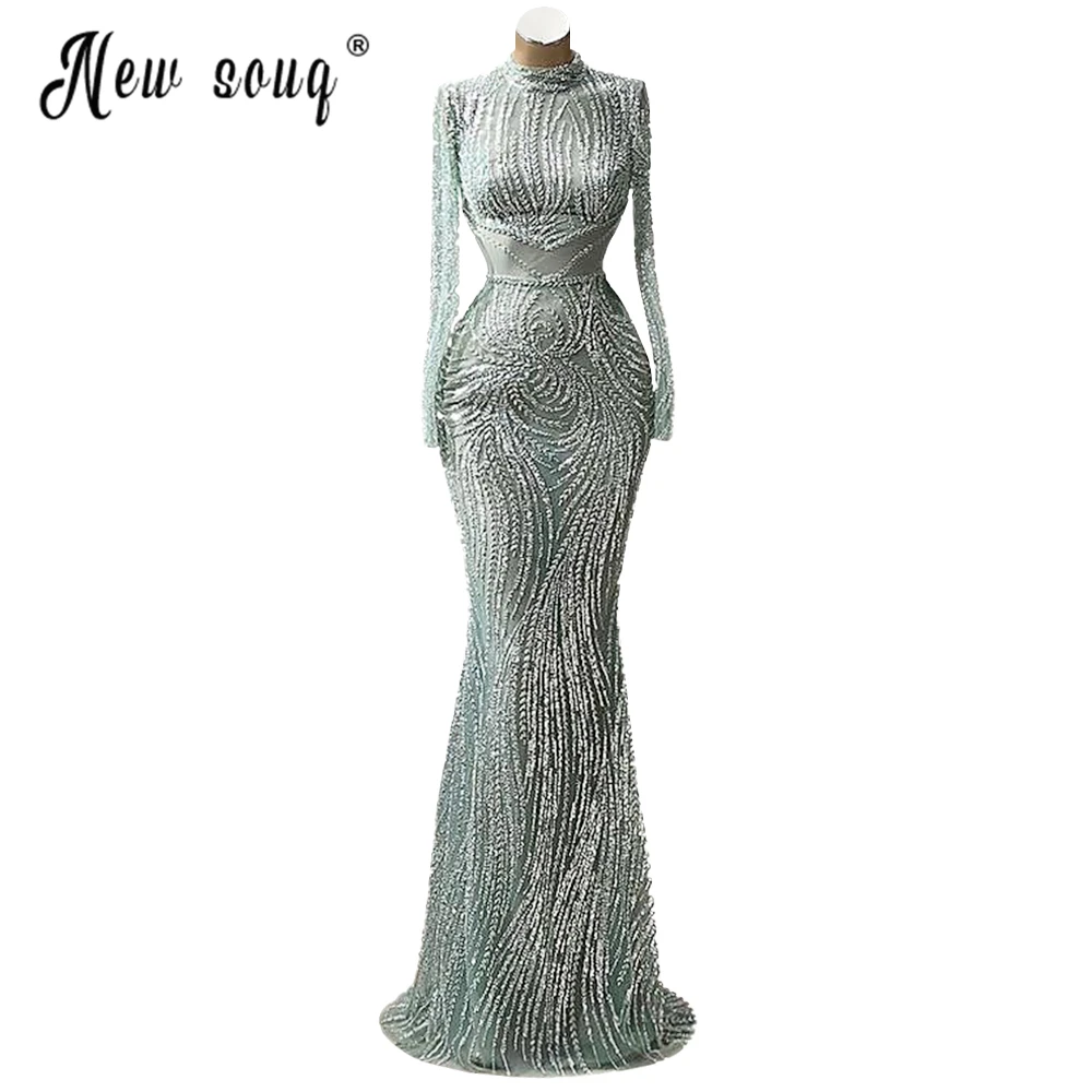 Plus Size benutzer definierte Salbei grün High Neck lange Ärmel Abendkleid muslimische Frauen Hochzeits feier Kleider arabische Roben Abschluss ball فساتبن س카رة