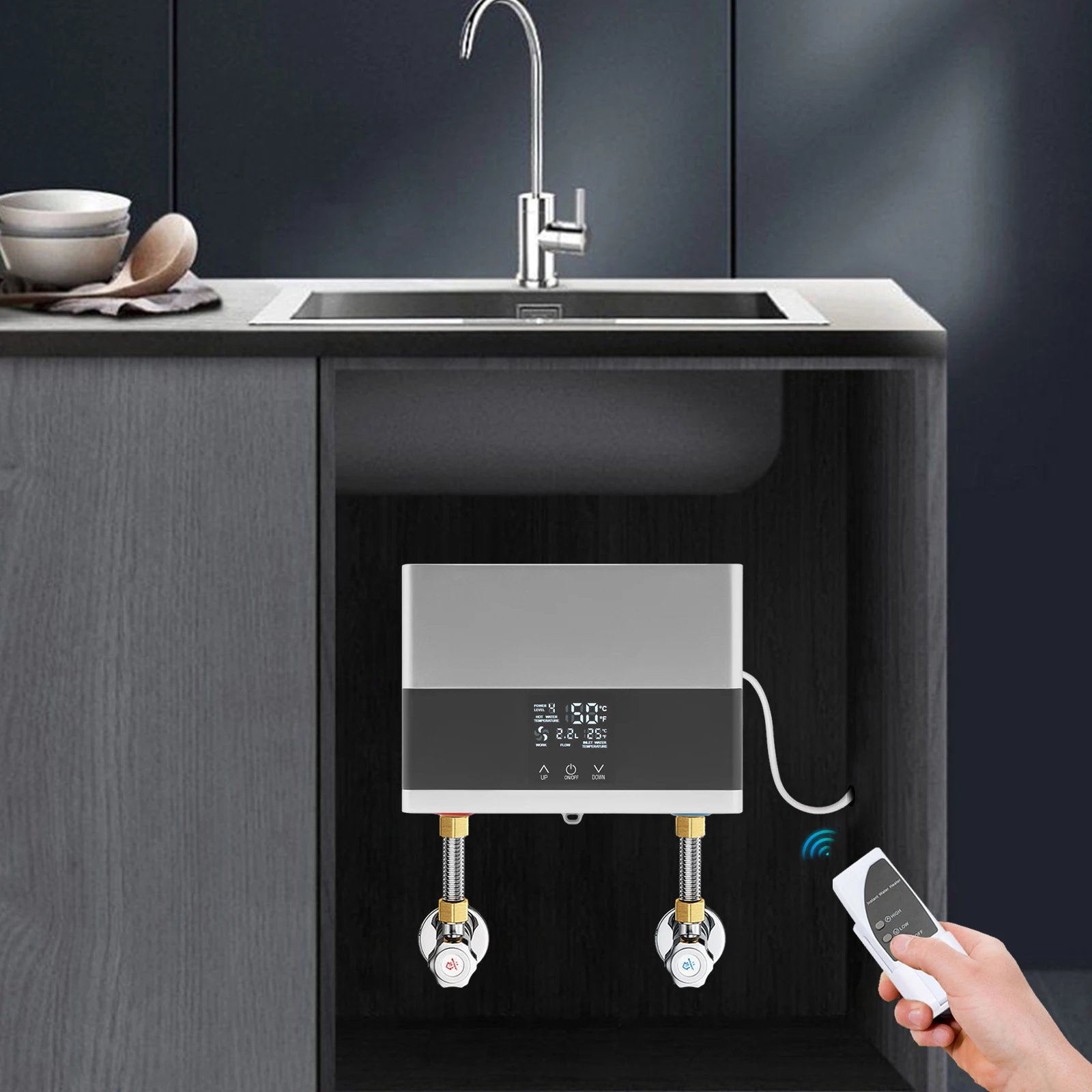 

Электрический проточный водонагреватель, 110В, мгновенный нагрев воды с пультом ДУ, подача горячей воды на весь дом по требованию