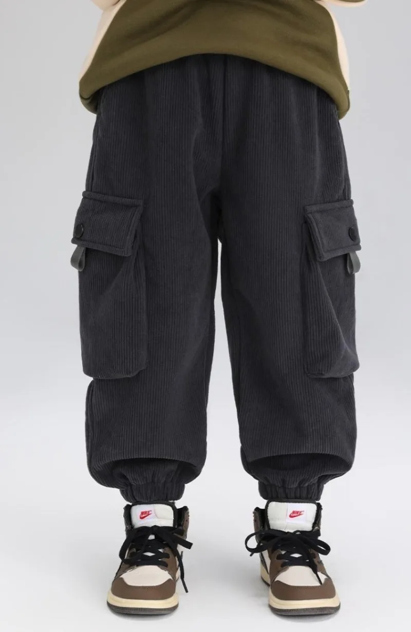 Boys' Winter Corduroy Cargo Pants 3-Layer Quilted Fleece-Lined Thermal Insulated Toddler Big Kids Pants