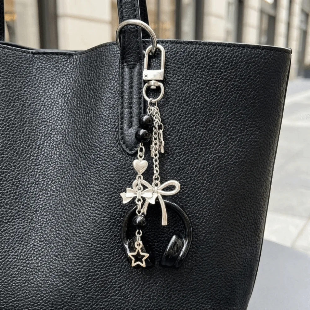 Legierung 3D Kopfhörer-Form Schlüsselanhänger Schwarz Silber Schleife Stern Perlen Taschenanhänger Multifunktionale Hängende Dekorative Anhänger Bestes Geschenk – Detail 10