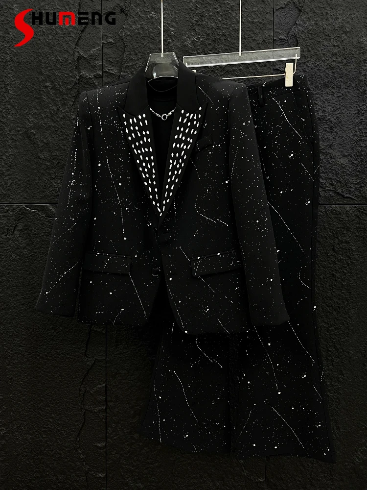 

Male 2025 Autumn New Starry Sky Hot Diamond Suit Handsome High-end Ink Splashing Design Loose Tops Men's Micro Flared Suit Pants