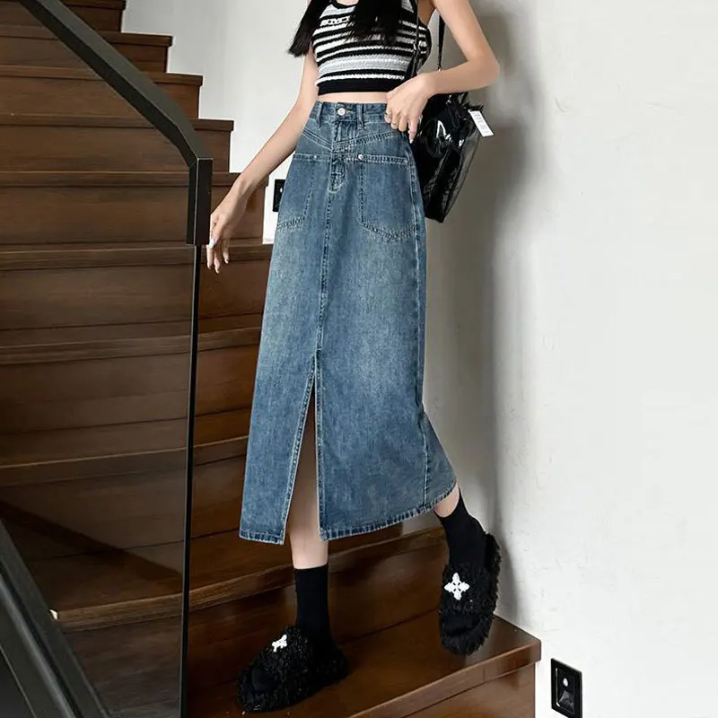 

Retro High Waist Split Denim Skirts For Women Mid Length Denim Skirt Slim A-Line Straight Jeans Skirts Women Long