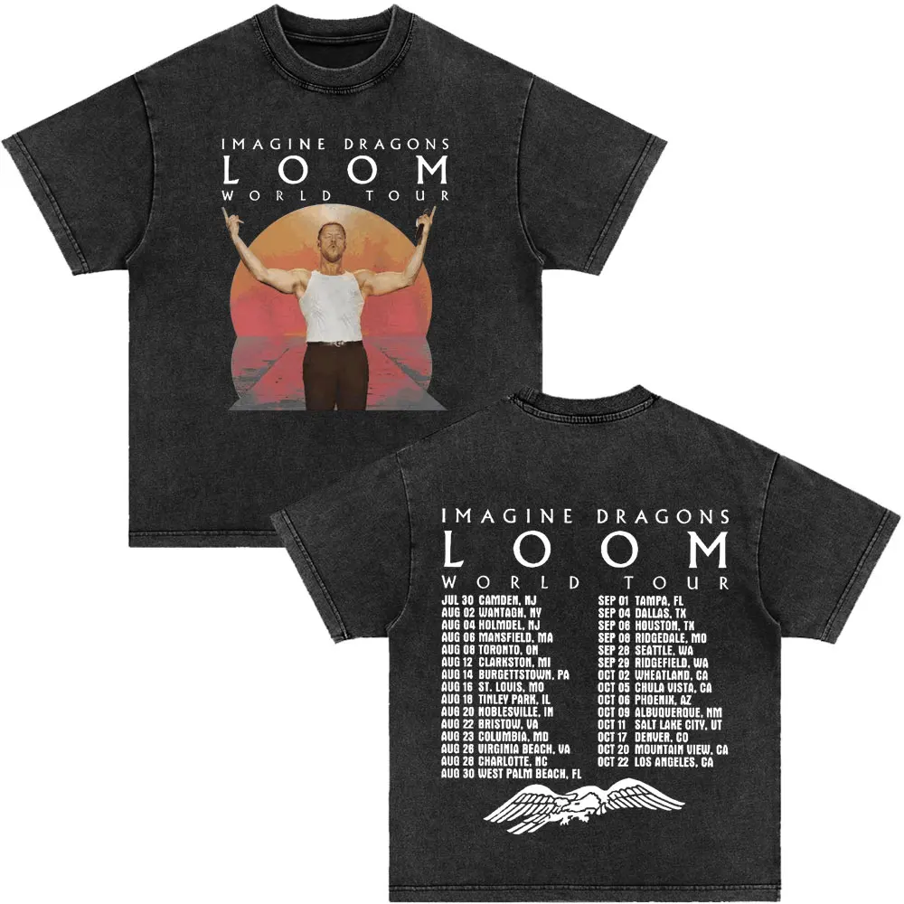 Imagine Dragons Bones Skull Vintage Washed T Shirt Rock Band Music T-shirt Men Women Clothing Cotton Loose Short Sleeve T-shirts