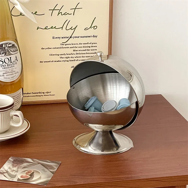 Light Luxury Stainless Steel Sphere Flip-top Storage Box Capsule Coffe Jar Tabletop Jewelry Container Living Room Decoration