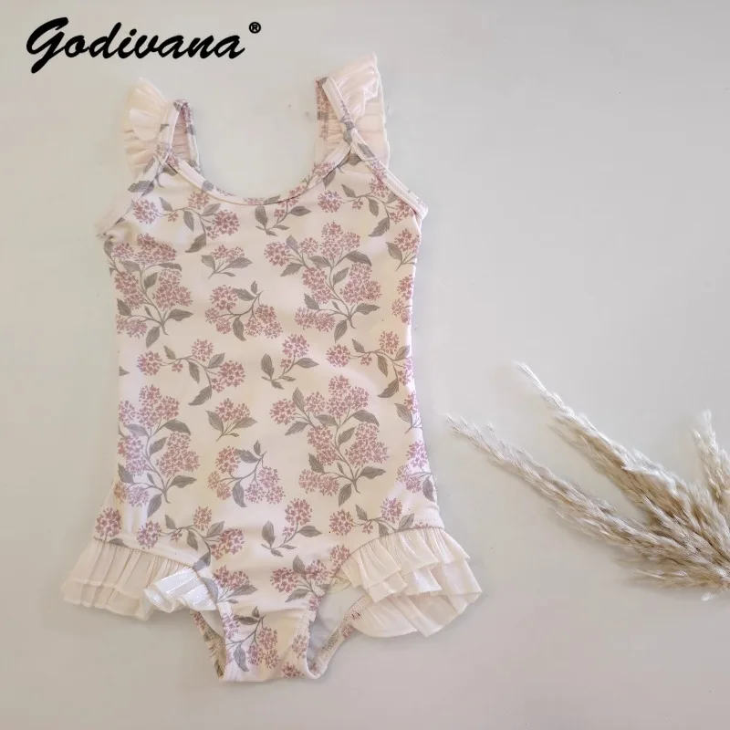 2026 Summer New Little Girls One-piece Swimsuit Sweet Floral Print Lace Splicing Swimwear Cute Toddlers Girls Spa and Beachwear