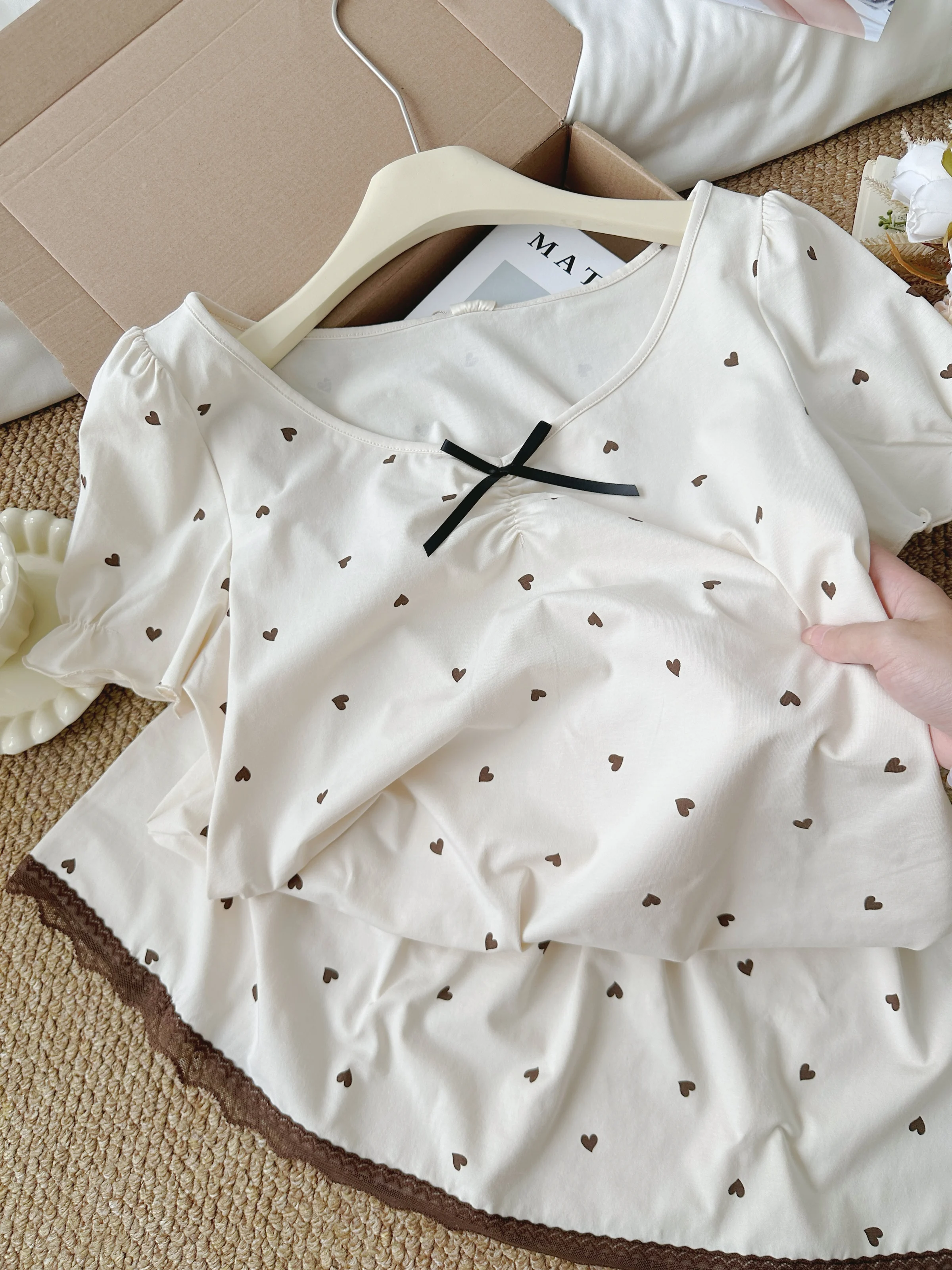 100% cotton sweet girl polka dot short-sleeved nightdress 2025 new loungewear casual thin bow dress