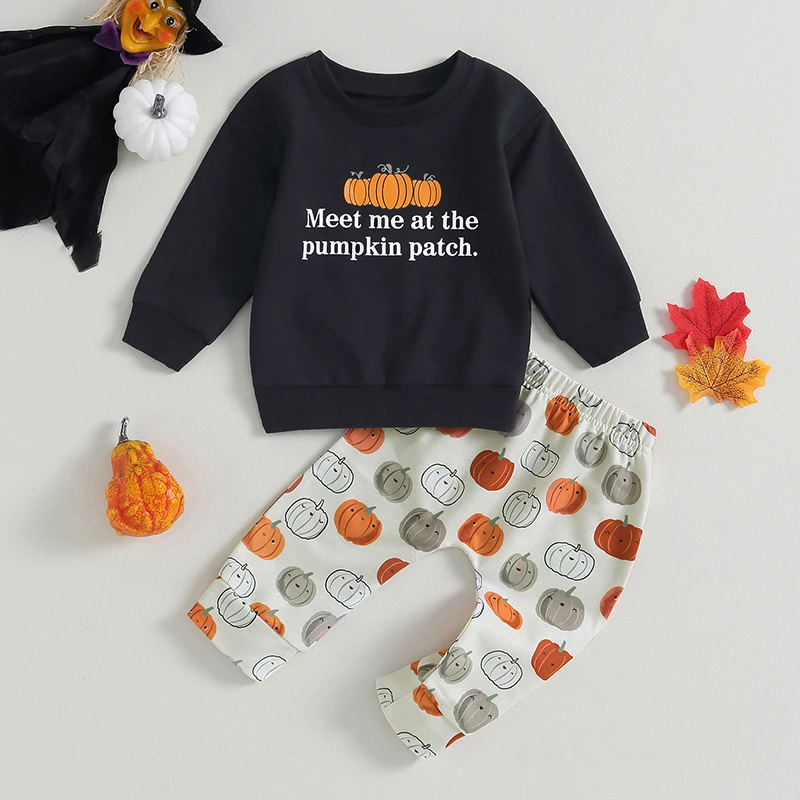 

Adorable Baby Halloween Costume Set with Spooky Letter Print Sweatshirt and Pumpkin Print Pants - 2 Piece Outfit for Infant