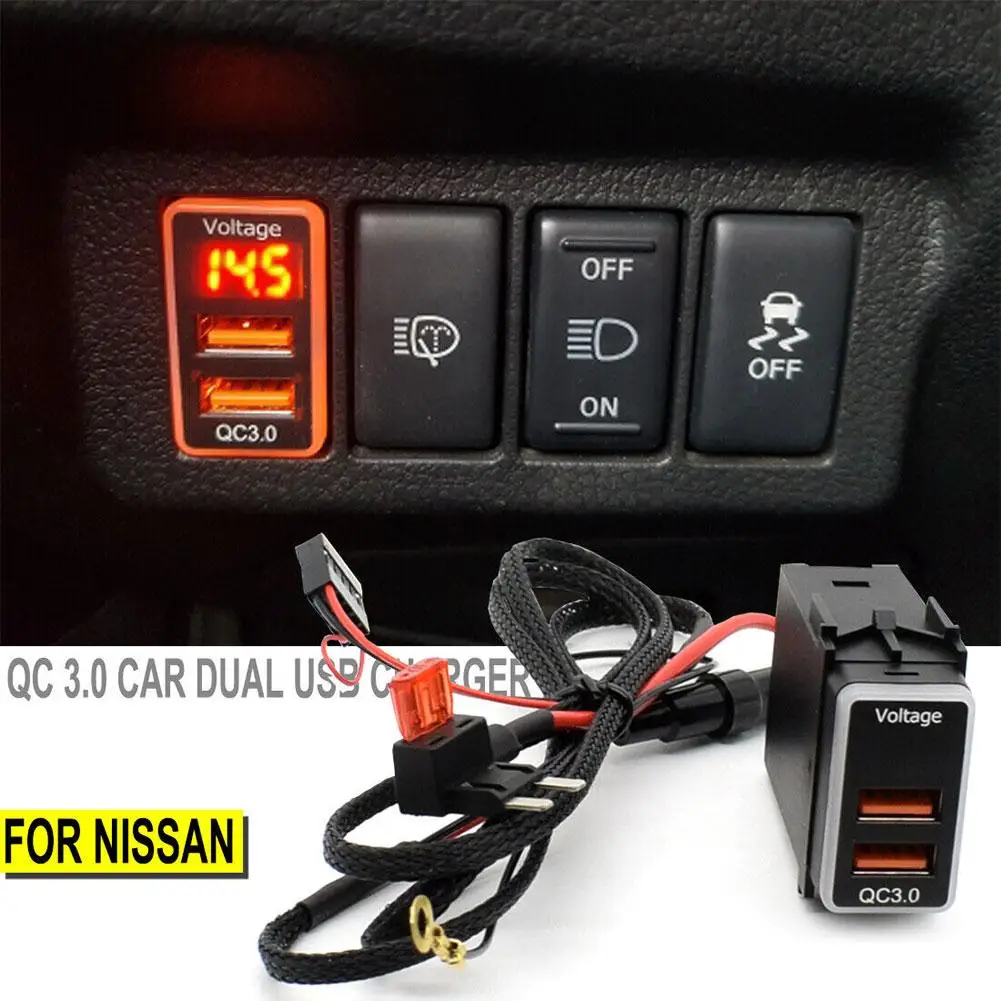 For Nissan Car Dual USB Quick Tablet Charger QC3.0 Display Fast Voltmeter Digital Adapter LED Adapter Ports Phone Charge 12 O9Z8