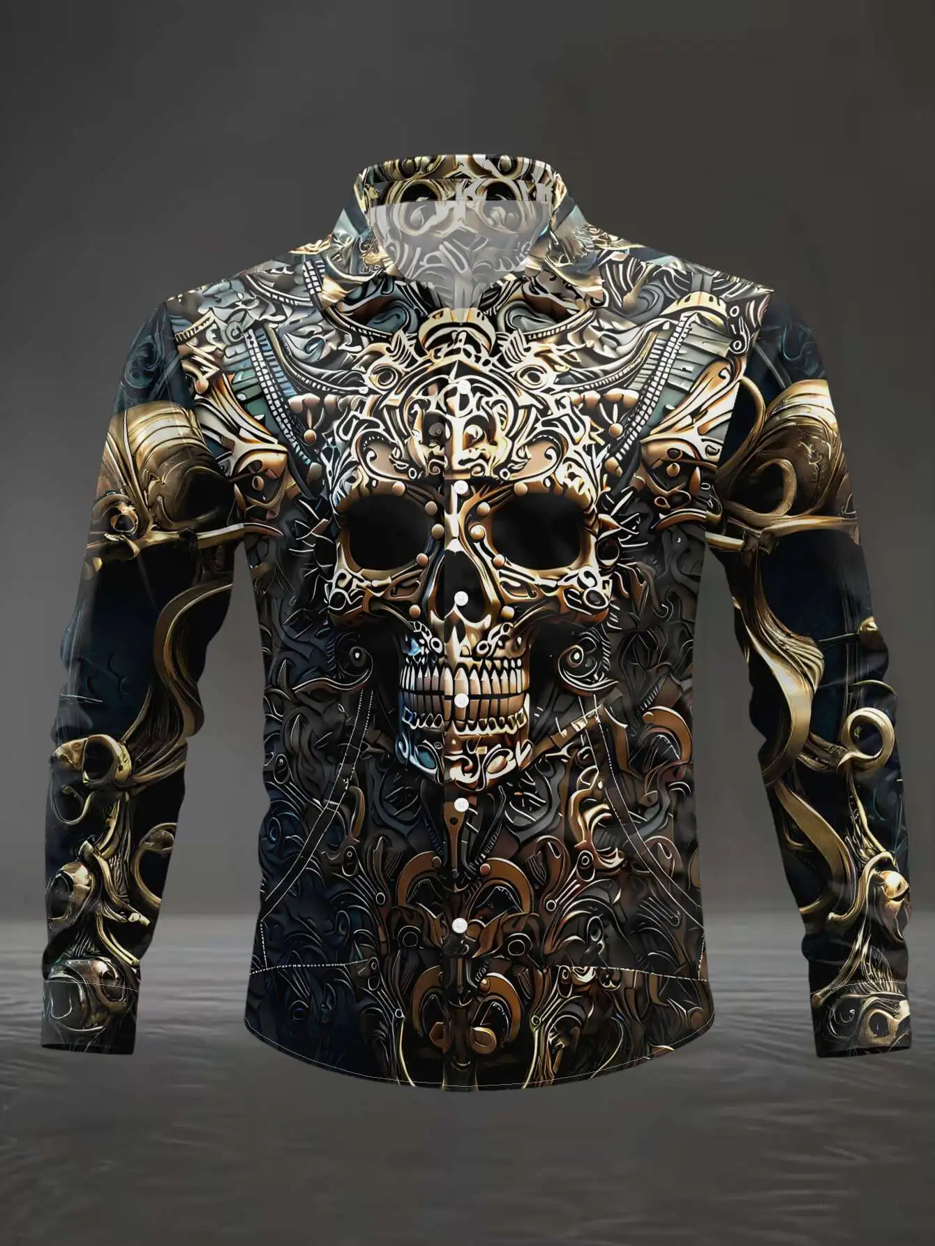 Men Gothic Golden Ornate Skull Scroll Print Long Sleeve Shirt Lapel Collar Button‑Up Polyester Punk Party Blouse