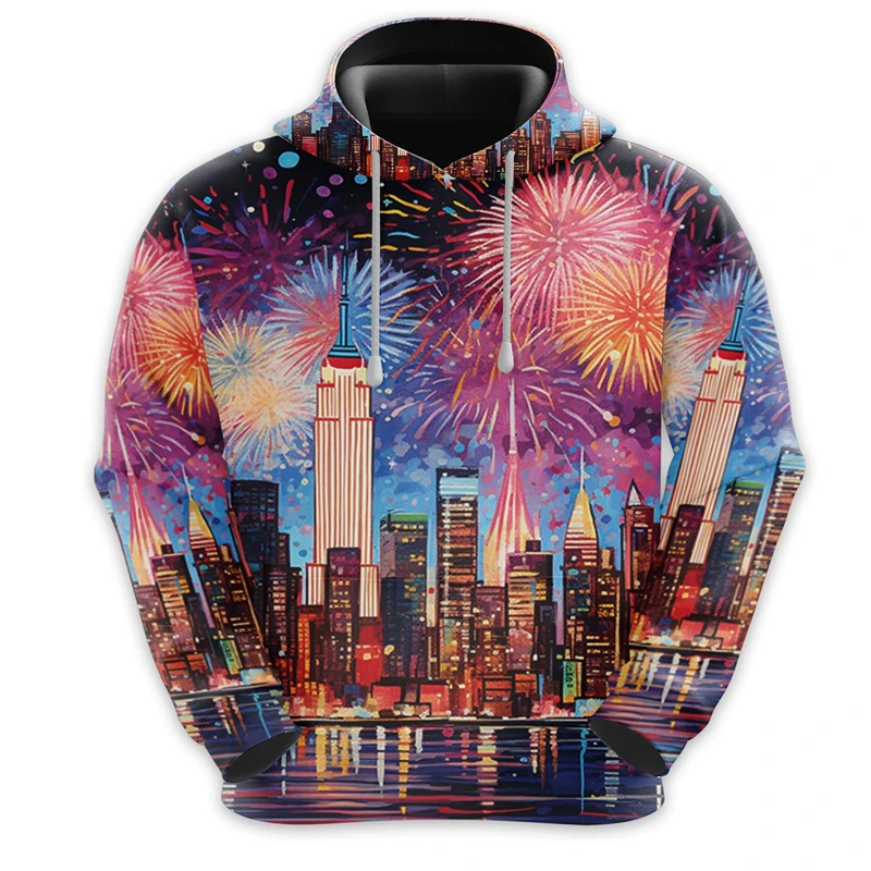 Merry Christmas City ​​street View Graphic Sweatshirts Fireworks Red Wine Glass Hoodies For Men Clothes Casual Unisex Streetwear