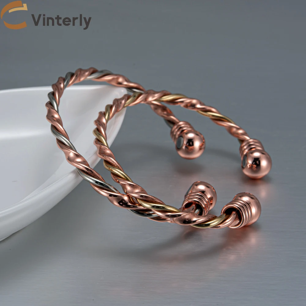Vinterly Pure Copper Bracelets Magnetic Gold-color Braided Twisted Adjustable Bangle Arthritis Pain Relief Health Magnet Jewelry