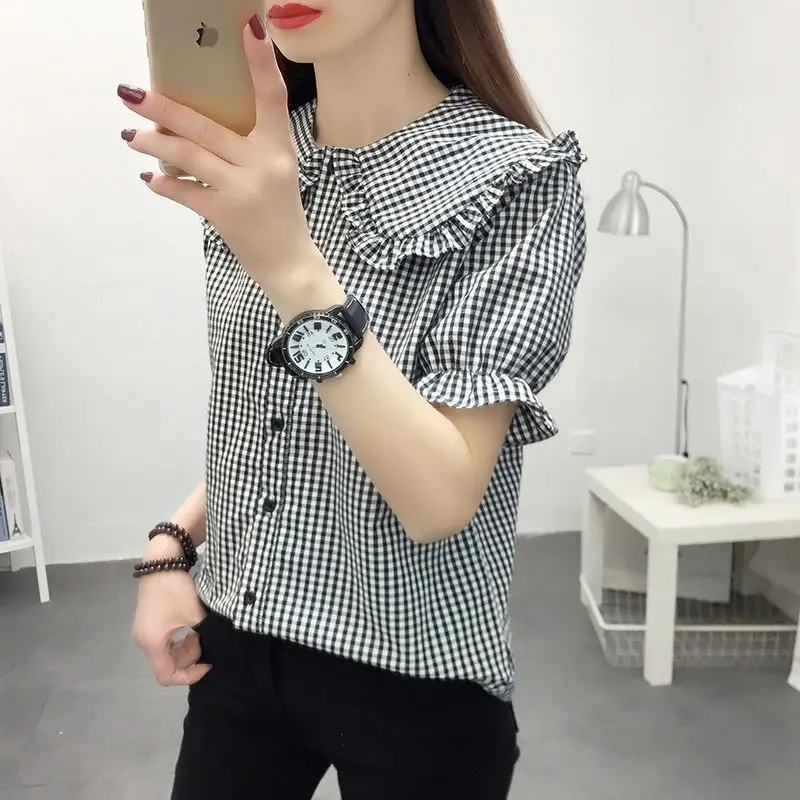 Blouse Women Shirt Summer Black White Short Sleeves Plaid Women Loose Top Ruffled Coat Blusas Mujer De Moda