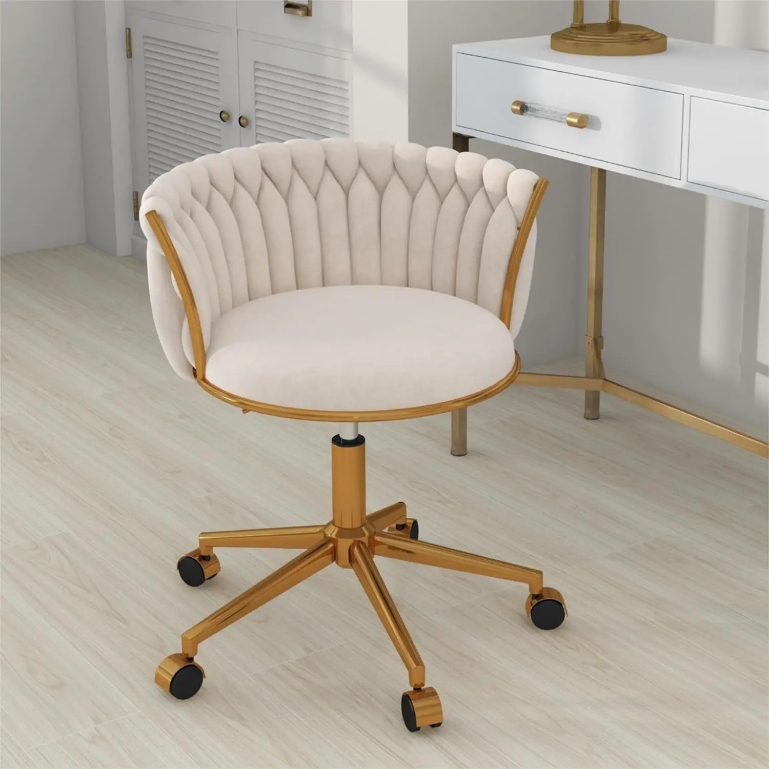 

Desk Chair With Wheels, Modern Velvet Office Chair For Desk, Hand Woven Vanity Makeup Chair For Girls Women Bedroom, 360°