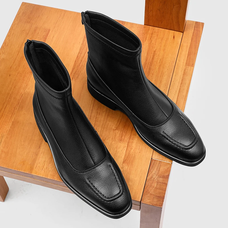 Autumn Winter New Retro Soft Faced Men Short Boots Exquisite Square Toe Stitching Simple Temperament Commuting Fashionable Boots