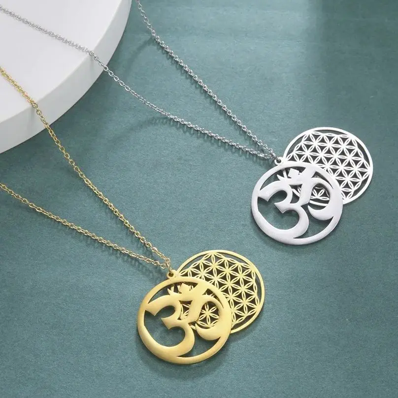 LIKGREAT OM Symbol Pendant Necklace Stainless Steel Flower of Life Yoga Buddhist Spiritual Meditation Choker Amulet Jewelry Gift