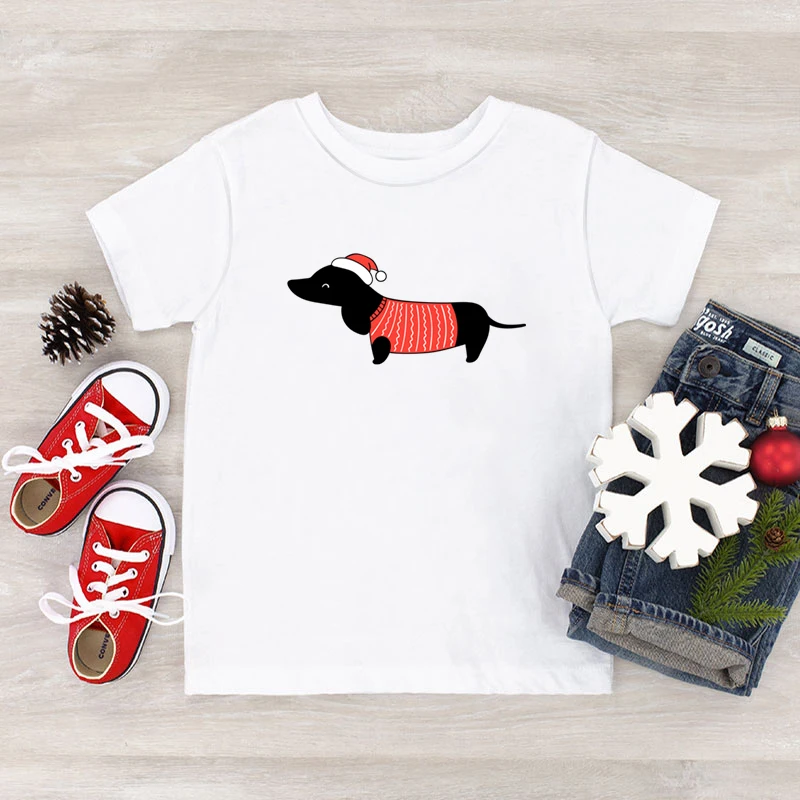 Merry Christmas Kids T Shirt Cute Dachshund Graphic Shirt Girls Xmas Party Tops Short Sleeve Wild Cartoon Animal Boys T-Shirt