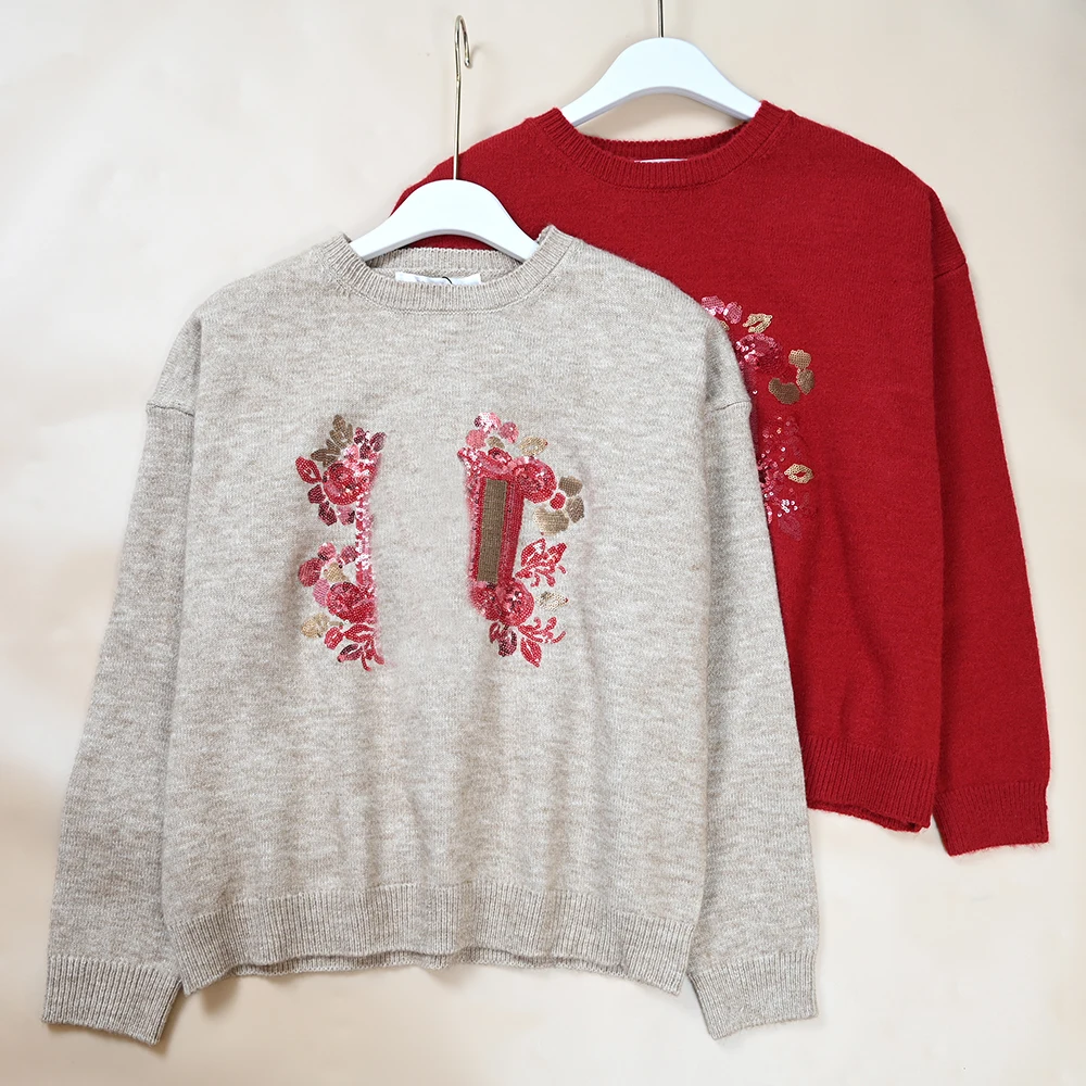 Sweter damski z wełny, dziergany, z cekinami, z okrągłym dekoltem, luźny krój, casualowy, wygodny, nowy model na wiosnę...