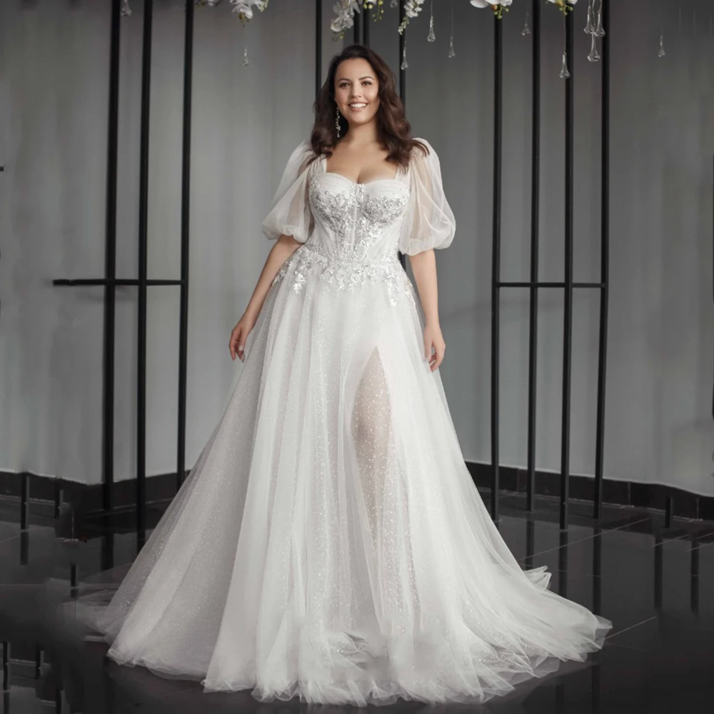 Plus Size Square Neck Wedding Dresses Half Sleeves Appliques Bride Gowns Appliques Tulle With Side Split A-Line Vestido De Noiva