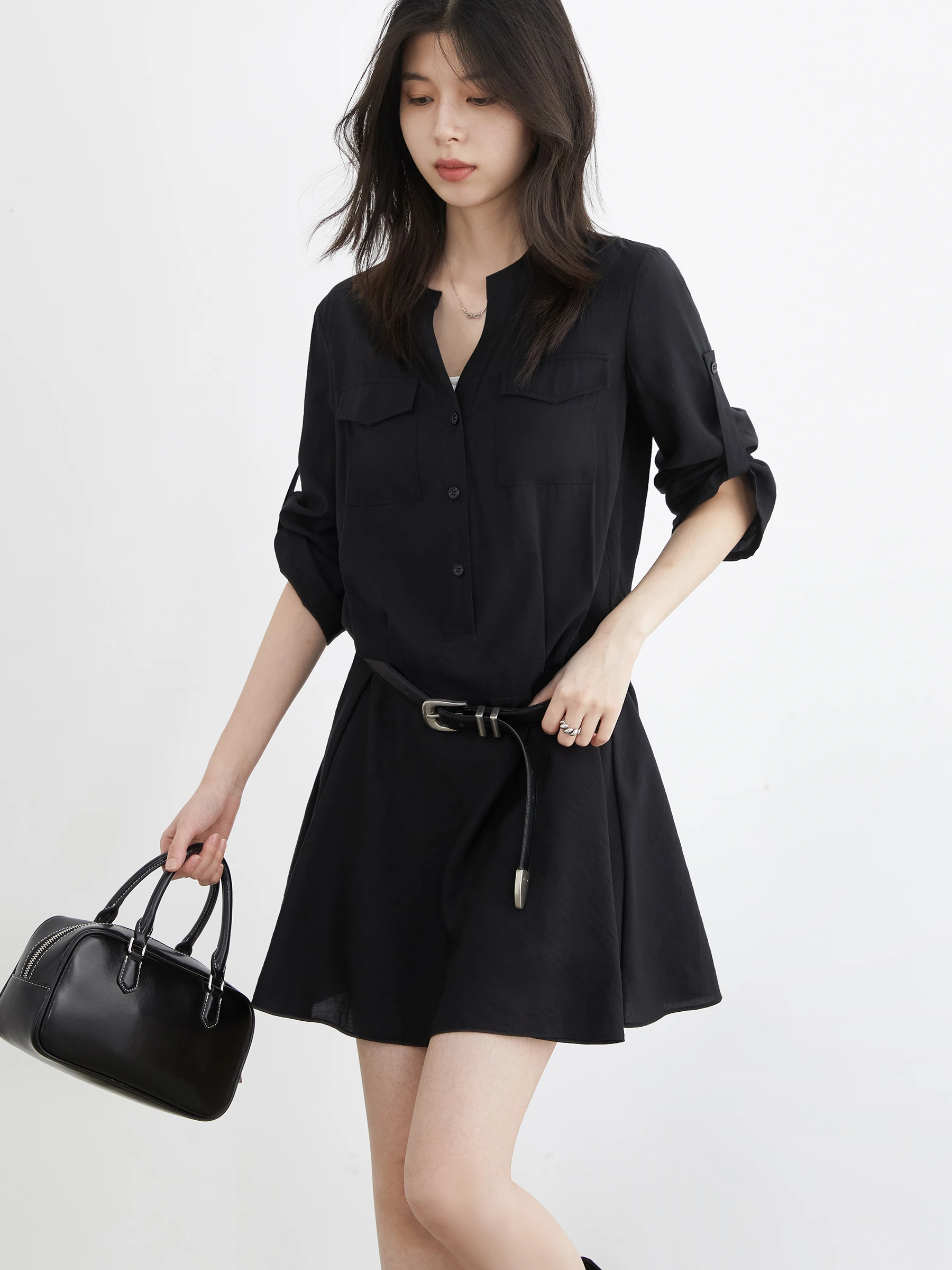 Eleganckie koszule damskie CHIC VEN, jednorzędowe, jednolite, luźne, codzienne, nowe koszule damskie z dekoltem w serek, proste sukienki koszulowe na wiosnę i jesień 2025