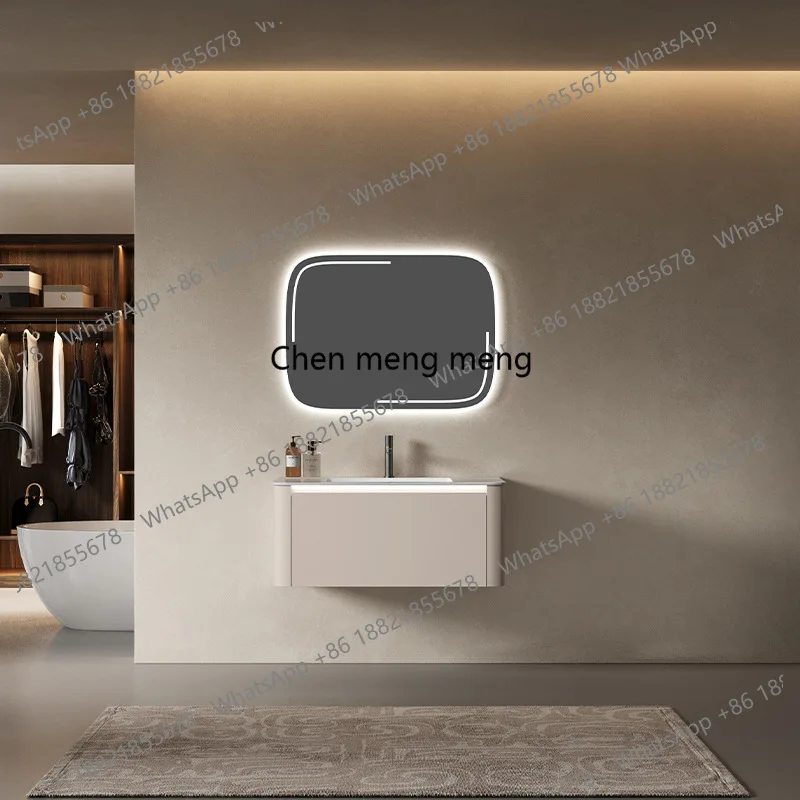

Light luxury cream wind rock slab bathroom cabinet ceramic integrated basin with LED light mirror cabinet washstand