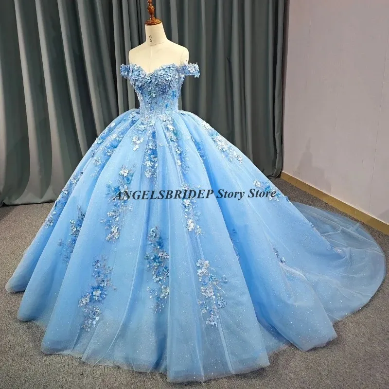 ANGELSBRIDEP Sky Blue Ball Gown Quinceanera Dress Off Shoulder 3D Lace Applique Beads Long Train XV Princess Vestidos De 15 Años