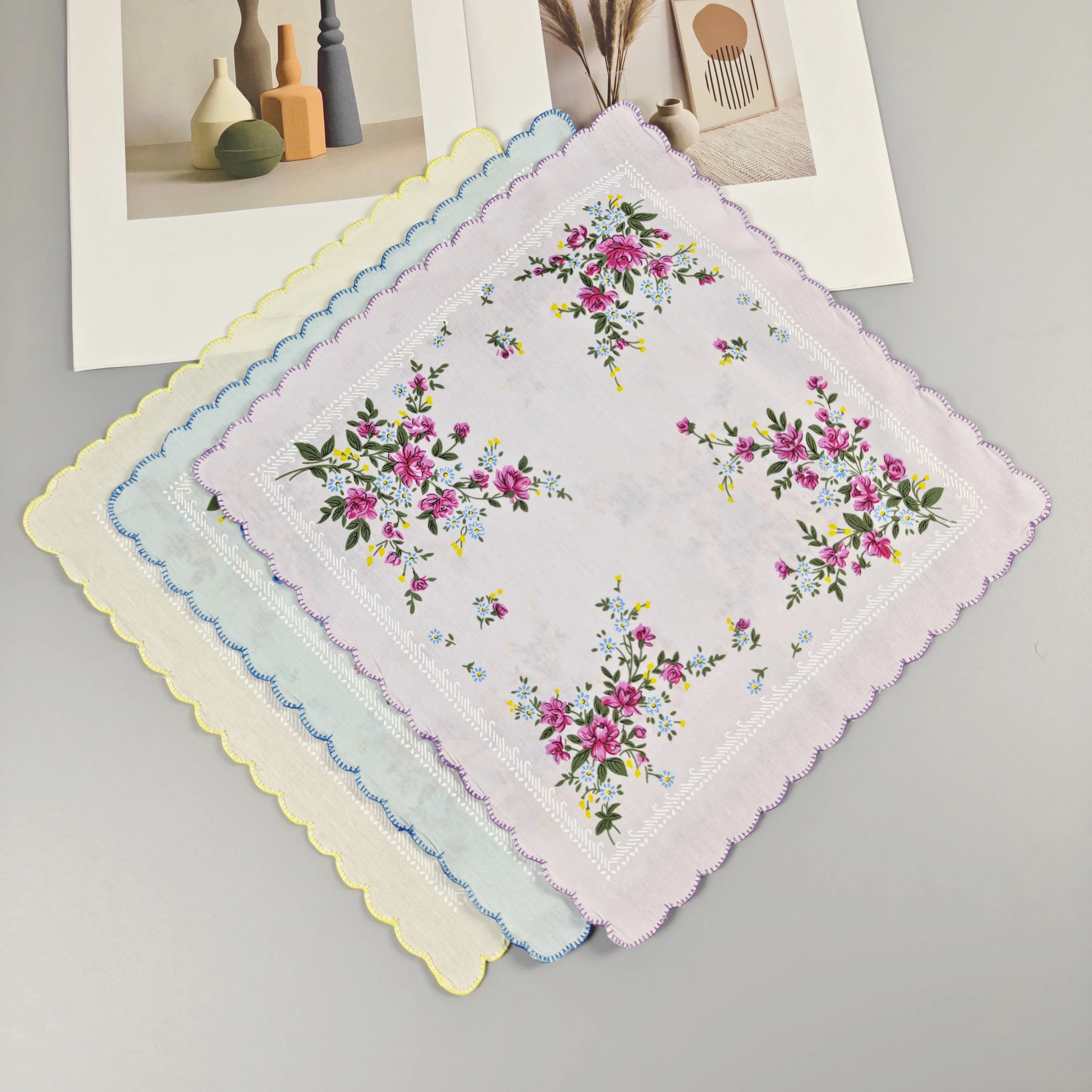 Thin Feel Cotton Crescenta Women's Printed Handkerchief, 15pcs