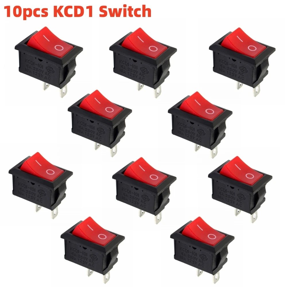 10pcs KCD1 2 pin Red Rocker Switch SPST 2 Position 250V 6A 125V 10A Boat Shaped Rocker Switch for auto Household appliances DIY