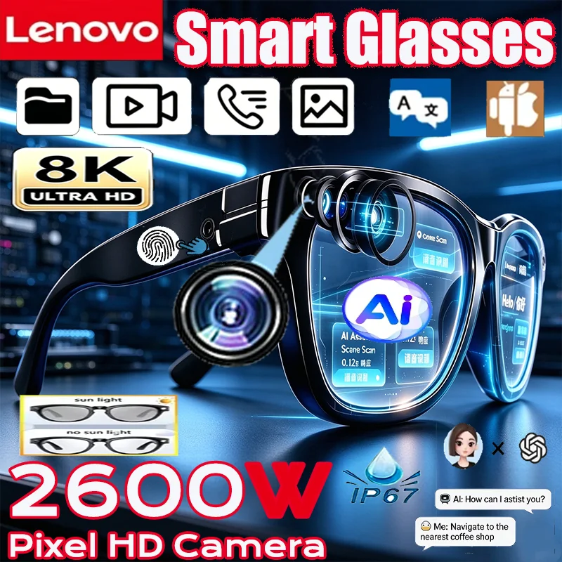 Lenovo 8KPhoto Capture AI Smart Translator Sunglasses 2600MP Video Bluetooth Call Record MusicPlay Travel Latest Eyewear Glasses
