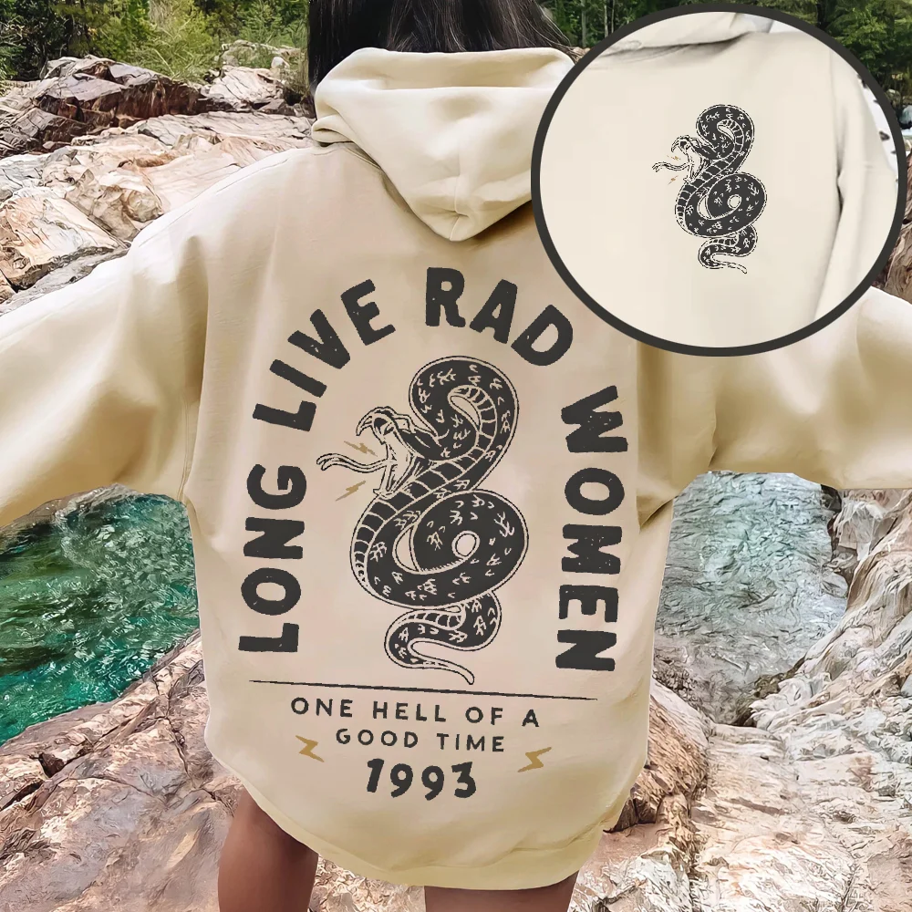

White Women's Long Live Rad Graphic Sweatshirt Long Sleeves Casual Hoodies Versatile Stylish Pullover Snake & Floral Design