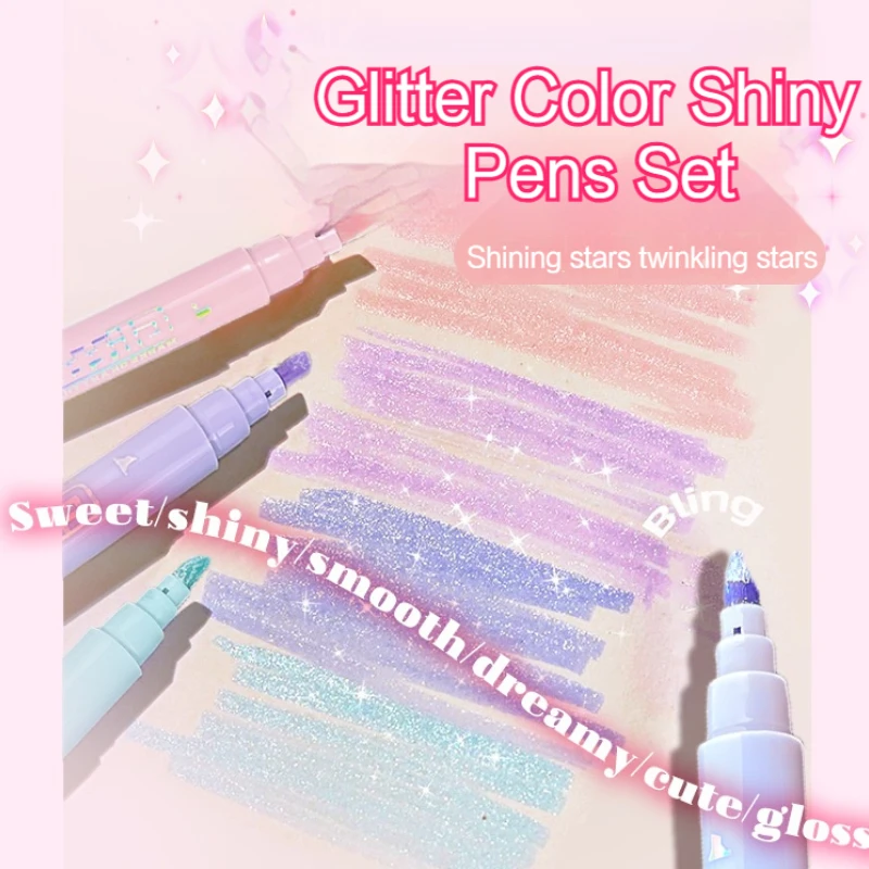 4pcs/Box Highlighters Pen Set Kawaii Markers Pens 4mm Brush Glitter Color Shiny Graffiti Painting Art School Japanese Stationery