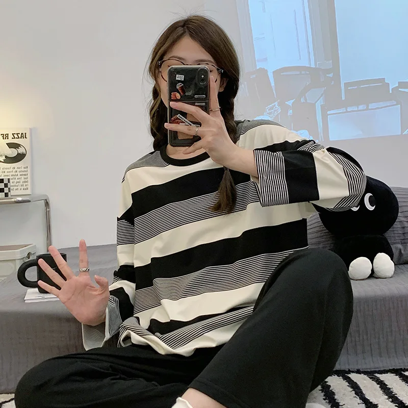 Pajamas Women Long Sleeve Set Loose Long Pants Homewear Classic Black Striped Casual Two Piece Set