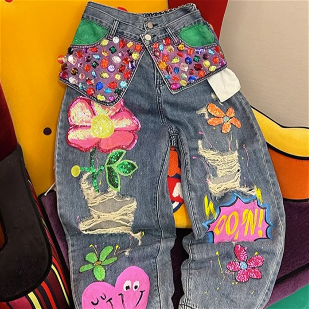 New heavy industry nail bead pierced jeans women Embroidered flowers high waist loose straight trousers