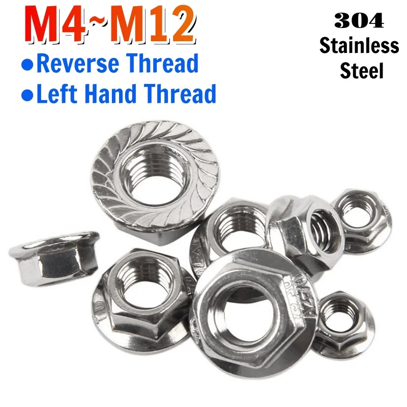 Beicai 304 StainlessSteelLeft HandThreadHexSerrated Lock Spinlock Flange NutReverseThread Hexagon Flange Nut M4 M5 M6 M8 M10 M12