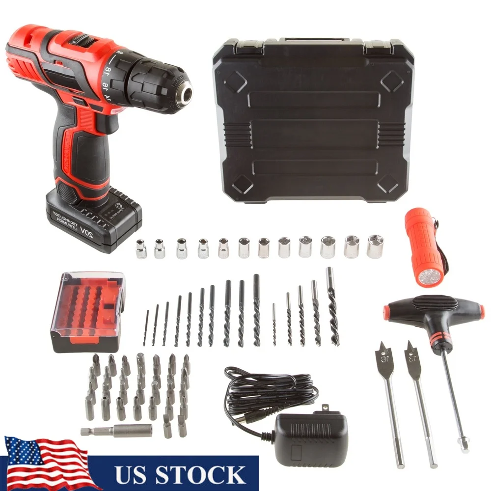 

65PC Cordless Drill Set 20V Electric Drill with LED Light Lithium Ion Battery 18 Clutch Settings Socket Wrench Flashlight Carry