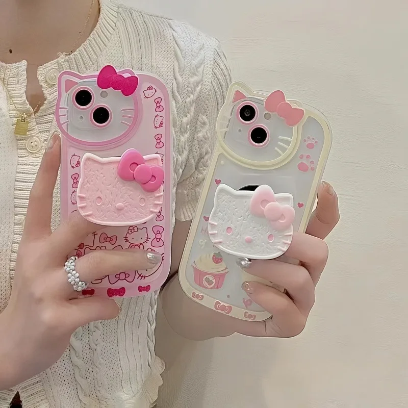 

Новый мягкий силиконовый чехол для телефона Kawaii Sanrio Hello Kitty с кронштейном, подходит для iPhone 16, 15, 14, 12, 13, 11 Pro Max, высокая красота